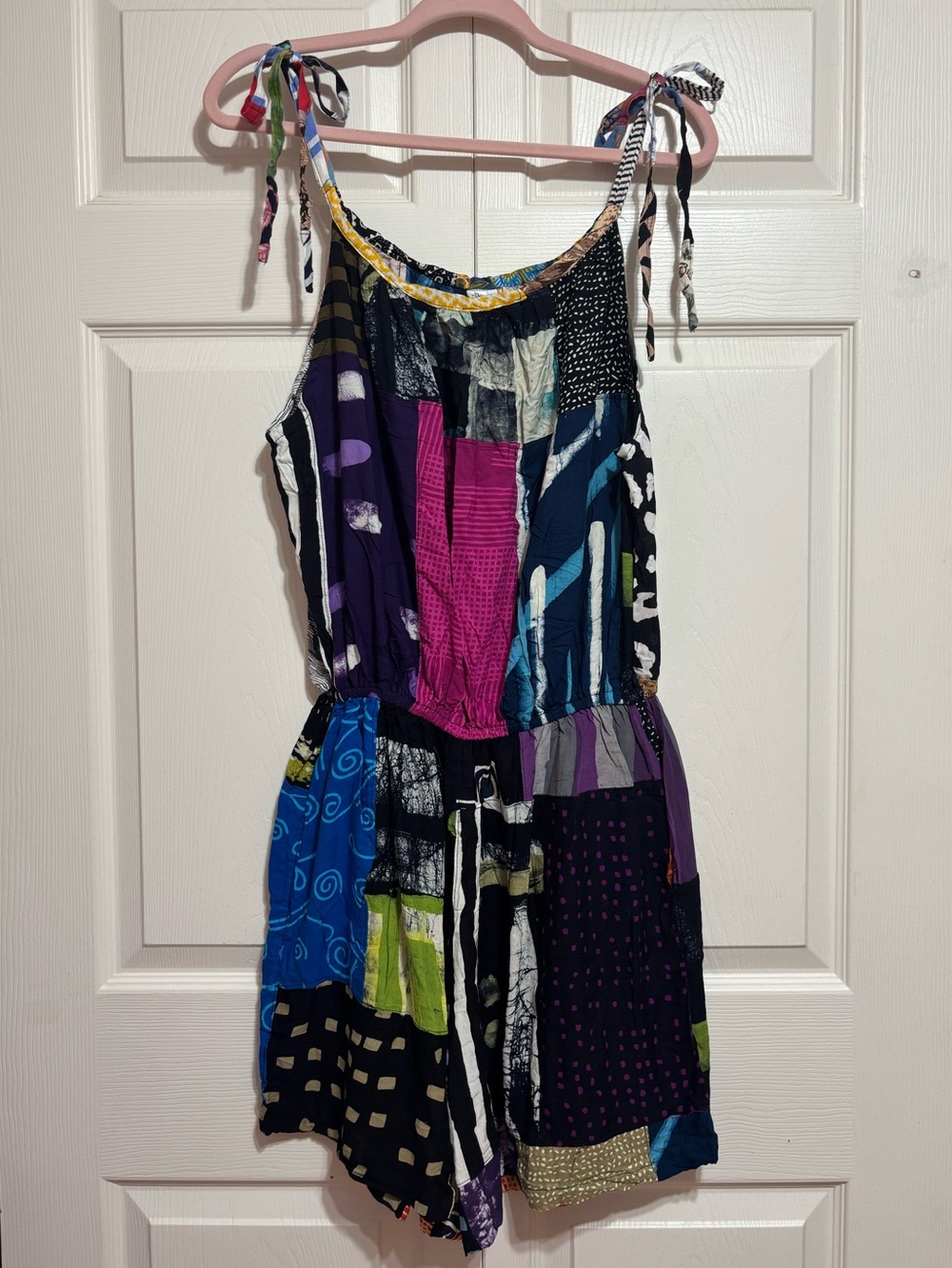 Boho Patchwork Tie-Shoulder Romper in Multicolor